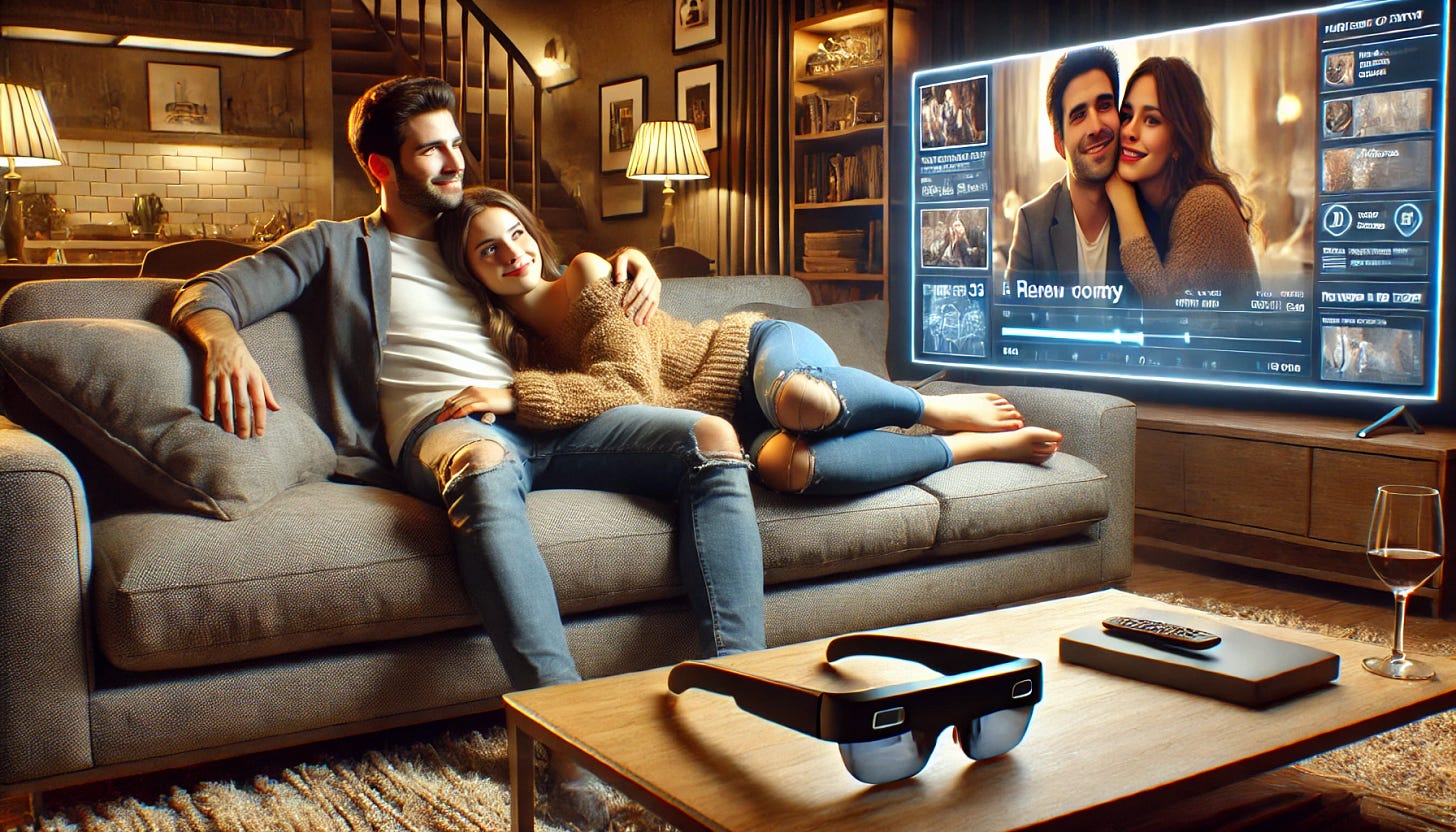 A realistic image of a man and a woman sitting on a comfortable couch in their modern apartment, watching a big TV. The woman is smiling and resting her head on the man's legs. The TV screen displays a romantic comedy scene. On the coffee table, there is a futuristic-looking augmented reality glass. The apartment has a cozy, stylish design with warm lighting, creating a relaxed and intimate atmosphere.