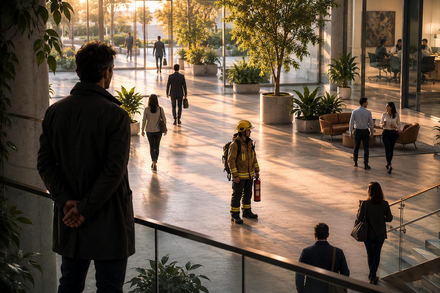 Cinematic illustration of a calm corporate atrium where office workers chat, collaborate and move through their day while one employee remains dressed in emergency response gear beside a fire extinguisher. A lone observer watches from an upper balcony, symbolising the crisis competence trap: continuing to operate in survival mode after the emergency has passed.
