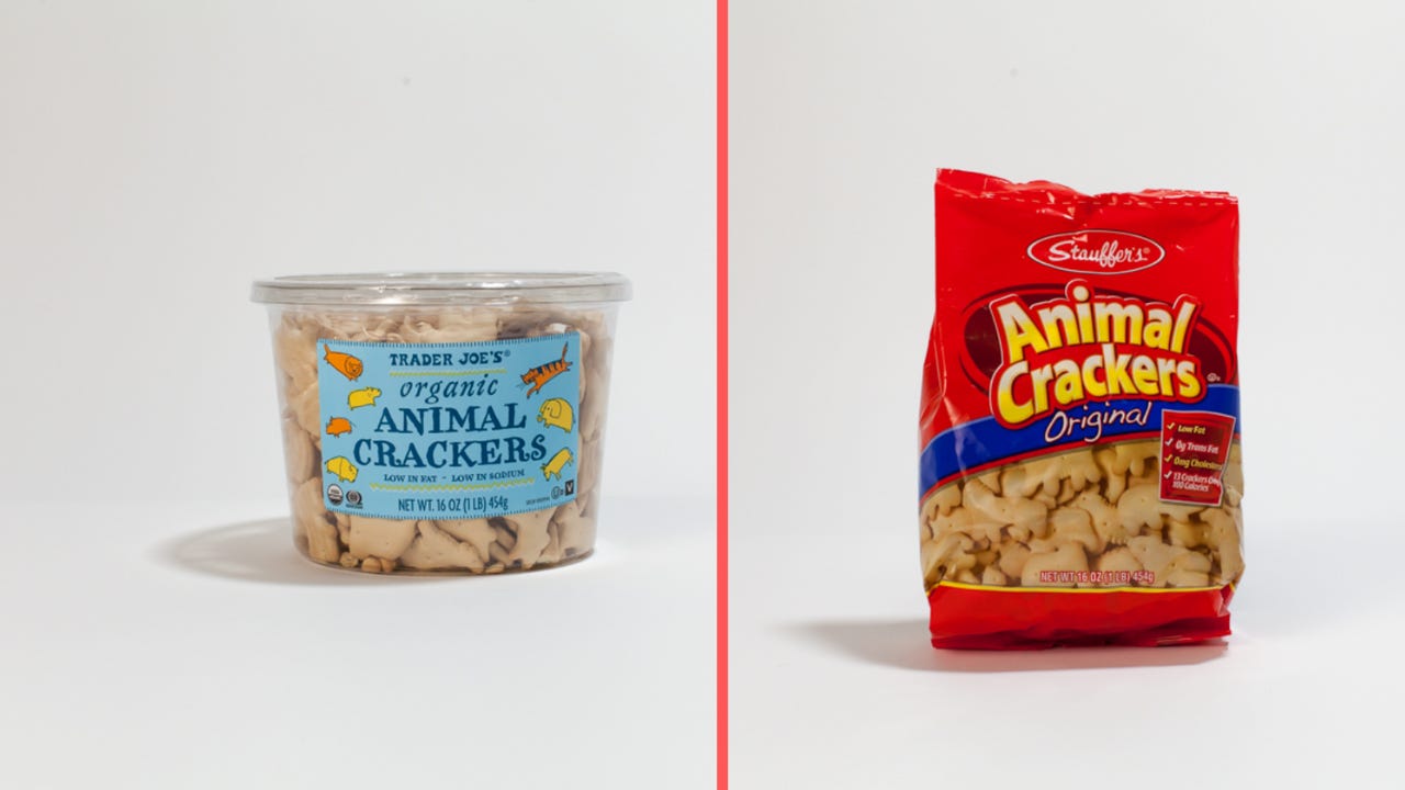 Trader Joe's Animal Crackers are the original conventional store Animal Crackers.    Trader Joe's Hummus is your well-known Tribe Hummus. Trader Joe's Hummus is your well-known Tribe Hummus.