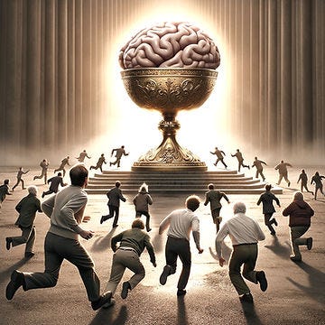 People running towards a holy grail with a brain in it