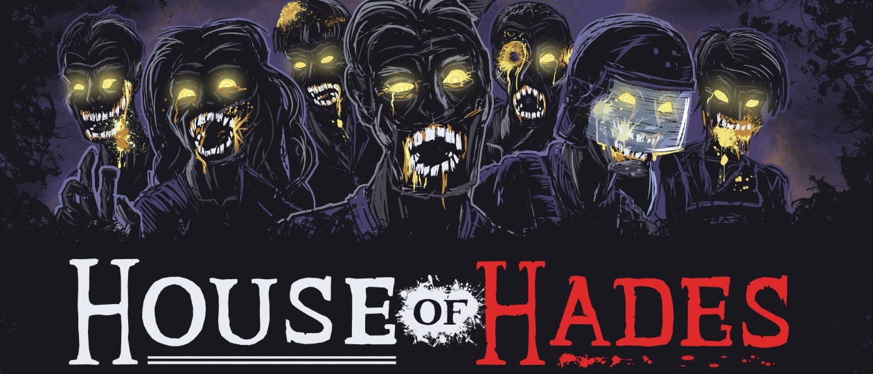 A group of zombies approaching through the gloom of hell itself. They are black skinned like marble and their eyes glow gold. Auric fluid drips from their mouths, eyes, and open wounds.