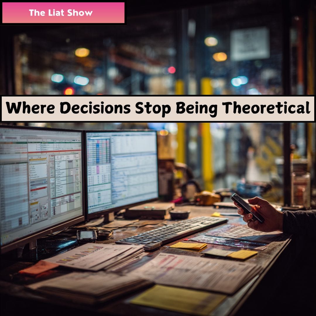 Liat Portal for The Liat Show: Reporting systems inside a warehouse environment. Liat Portal for The Liat Show: Multiple planning and inventory screens inside a warehouse control area, representing how reports often remain stable while conditions on the floor are already changing, creating a time gap between visibility and action.