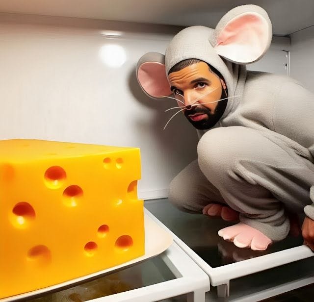 This may contain: a man in a mouse costume next to a cheese block