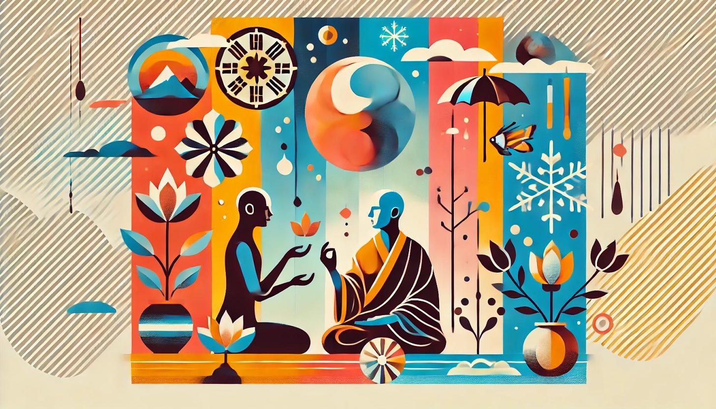 A colorful, abstract, flat-design style blog cover image without any text, elevated with a highly stylish and vibrant vintage aesthetic illustrating the Zen concept of accepting seasons and natural responses. Incorporate elegant, vivid motifs symbolizing summer (bright warm tones, stylish sun symbol) and winter (cool, rich tones, artistic snowflake symbol). Include sleek, minimalist, yet expressive silhouettes of a Zen master and monk in serene interaction and quiet contemplation. The overall mood should remain serene, chic, colorfully vintage, and deeply contemplative.