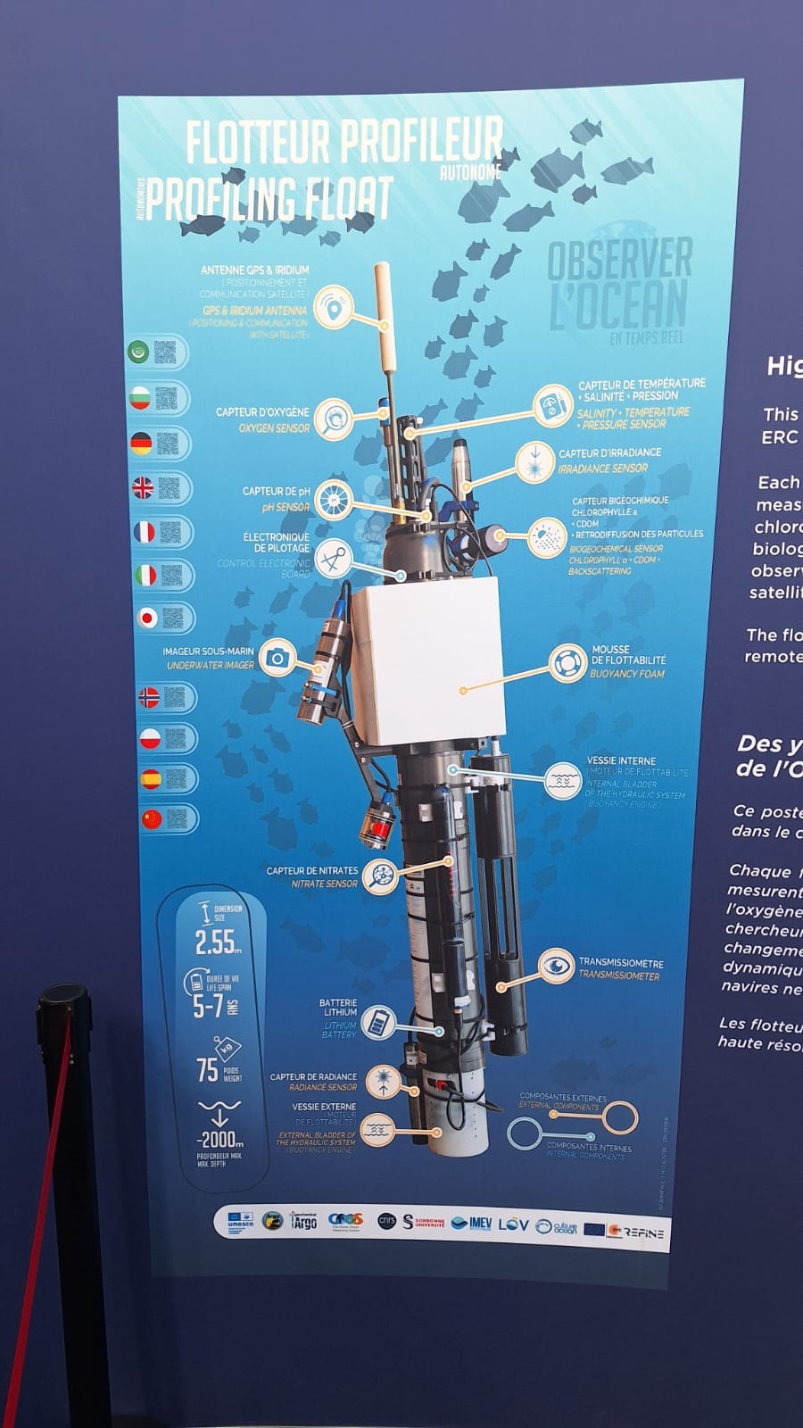 Foto de poster. Apresenta um perfilador, instrumento oceanográfico que se assemelha a uma flauta transversal com vários penduricalhos