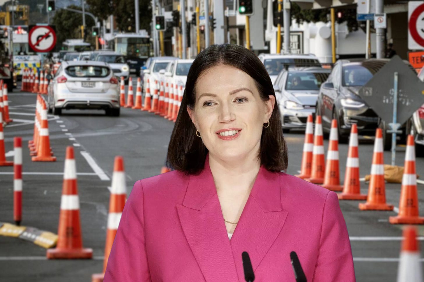 Brooke van Velden imposed on a a street full of road cones.