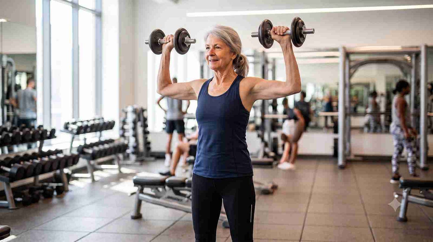 A fit 72-year-old woman doing a standing dumbbell shoulder press in a bright modern gym A fit 72-year-old woman doing a standing dumbbell shoulder press in a bright modern gym