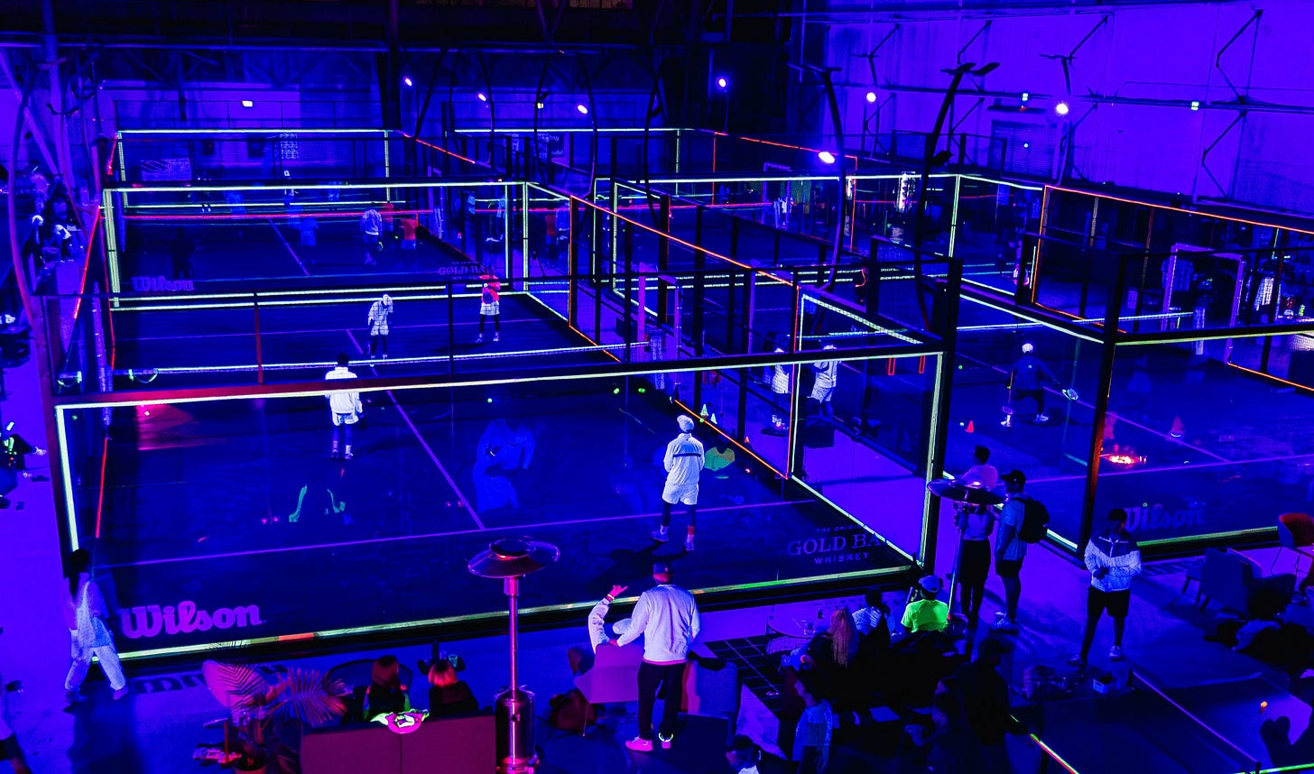 Glow in the dark party on padel courts at Bay Padel in San Francisco Glow in the dark party on padel courts at Bay Padel in San Francisco