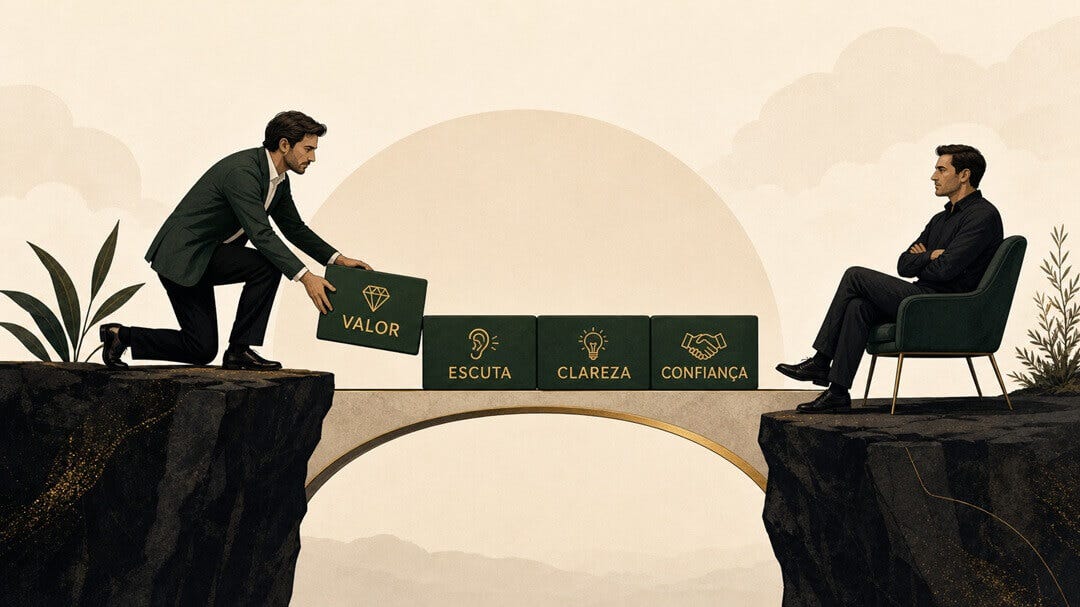 imagem de um cliente de um lado de uma ponte. Do outro lado, um vendedor colocando caixas com os seguintes escritos: valor, escuta, confiança imagem de um cliente de um lado de uma ponte. Do outro lado, um vendedor colocando caixas com os seguintes escritos: valor, escuta, confiança