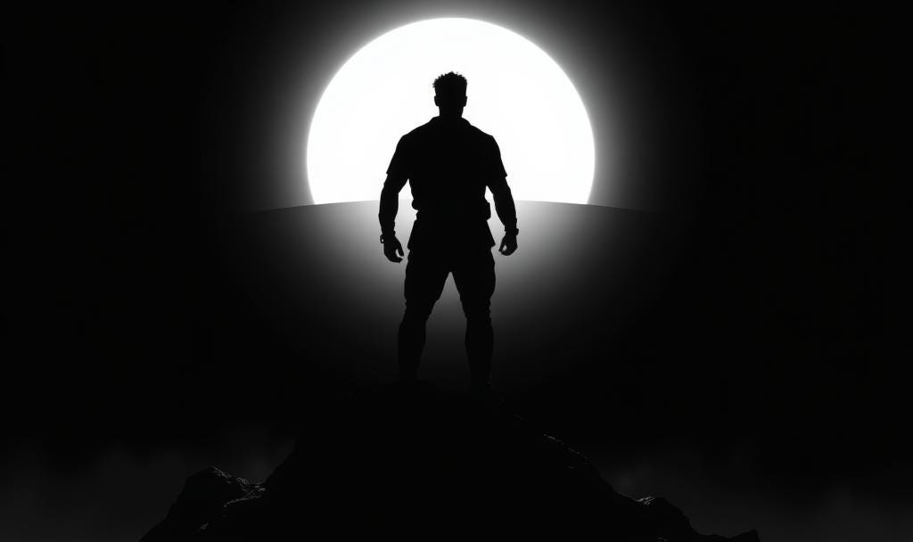 Silhouette of a heroic figure on a mountaintop, facing a radiant white horizon, symbolizing the triumph of reason and allegiance to reality.