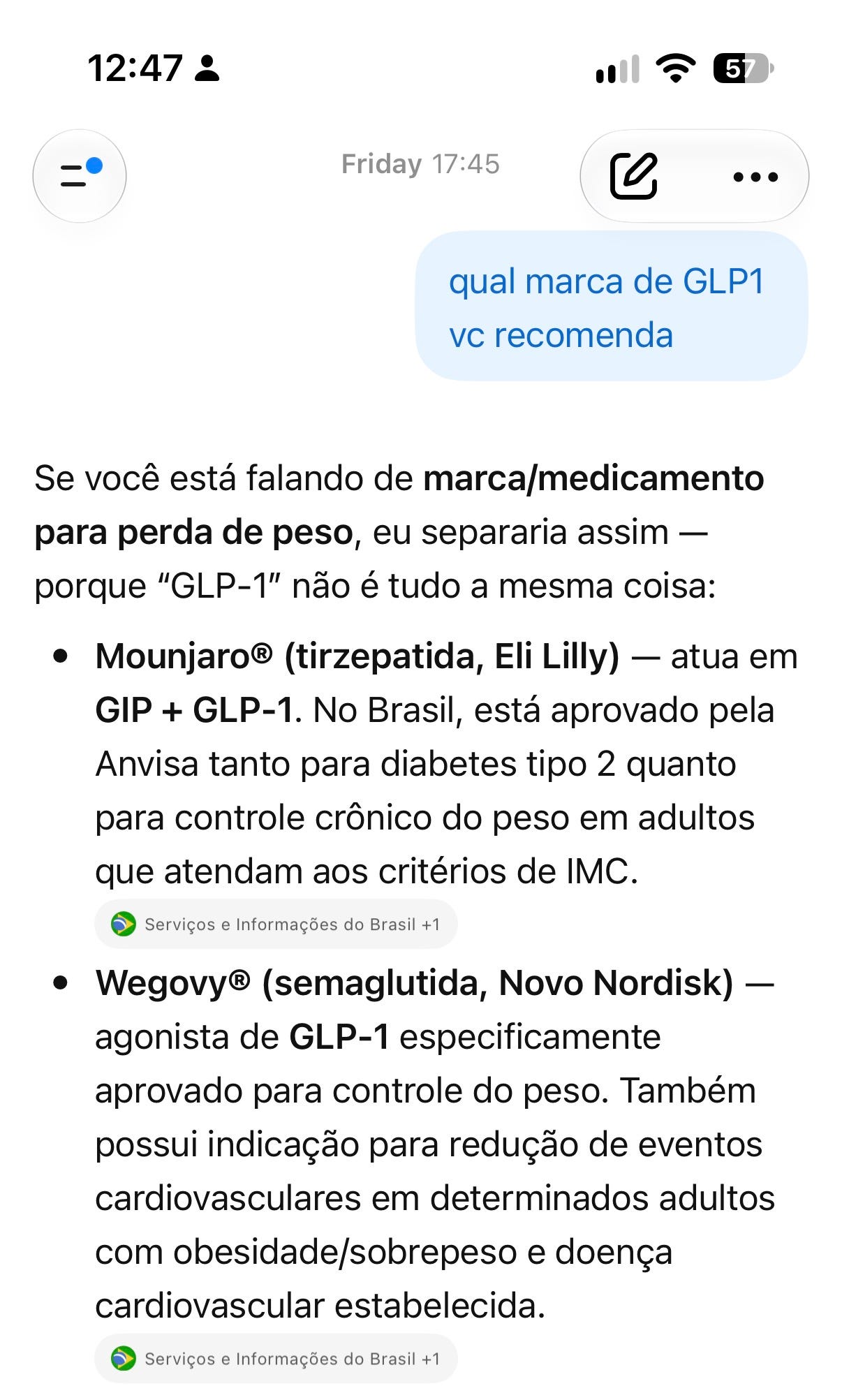 Captura do ChatGPT no celular: pergunta sobre marcas de GLP-1 e resposta que apresenta Mounjaro como aprovado no Brasil para diabetes tipo 2 e controle crônico do peso em adultos, com critérios de IMC. Captura do ChatGPT no celular: pergunta sobre marcas de GLP-1 e resposta que apresenta Mounjaro como aprovado no Brasil para diabetes tipo 2 e controle crônico do peso em adultos, com critérios de IMC.