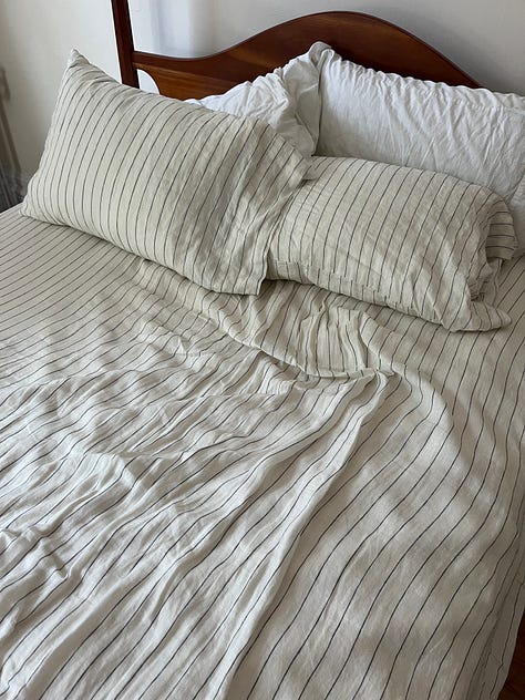 A hand holding a hand sanitizer spray bottle; a green glossy box tissue cover; a flat lay of supplements; a to-go cup of soup; the book cover for Nicotine by Nell Zink; linen striped sheets