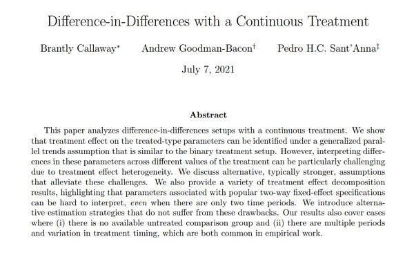 Difference-in-Differences with a Continuous Treatment, by Brantly Callaway, Andrew Goodman-Bacon and Pedro H. C. Sant'Anna