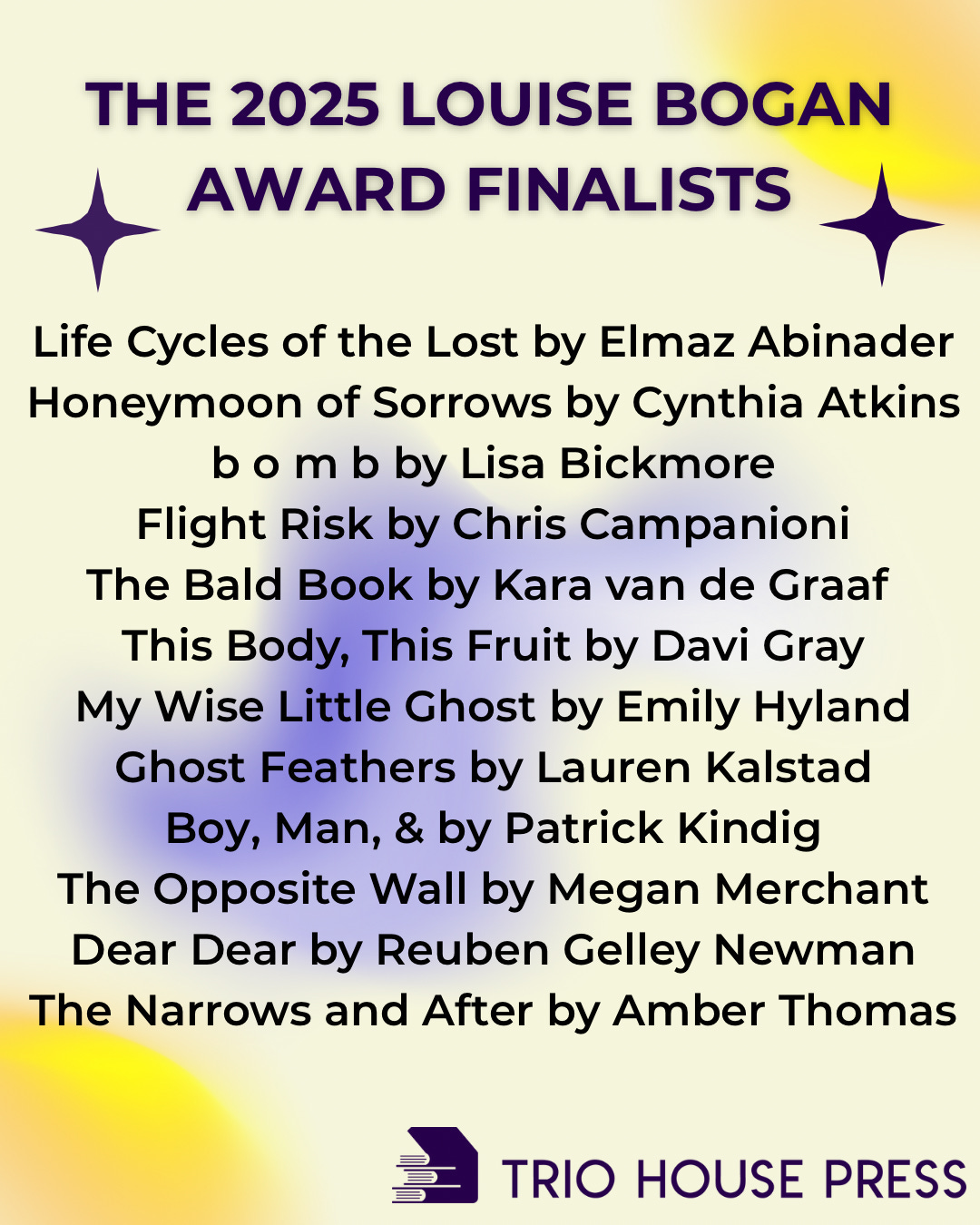 The Trio House Press 2025 Louise Bogan Award for Exellence in Poetry Finalists! Elmaz Abinader Cynthia Atkins Lisa Bickmore Davi Gray Lauren Kalstad Meg Merchant Reuben Gelley Newman Chris Campanioni, Kara Van De Graaf, Emily Hyland, Patrick Kindig, and Amber Thomas