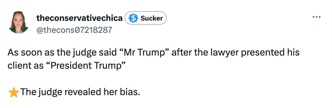 As soon as the judge said “Mr Trump” after the lawyer presented his client as “President Trump” ⭐️The judge revealed her bias. As soon as the judge said “Mr Trump” after the lawyer presented his client as “President Trump” ⭐️The judge revealed her bias.