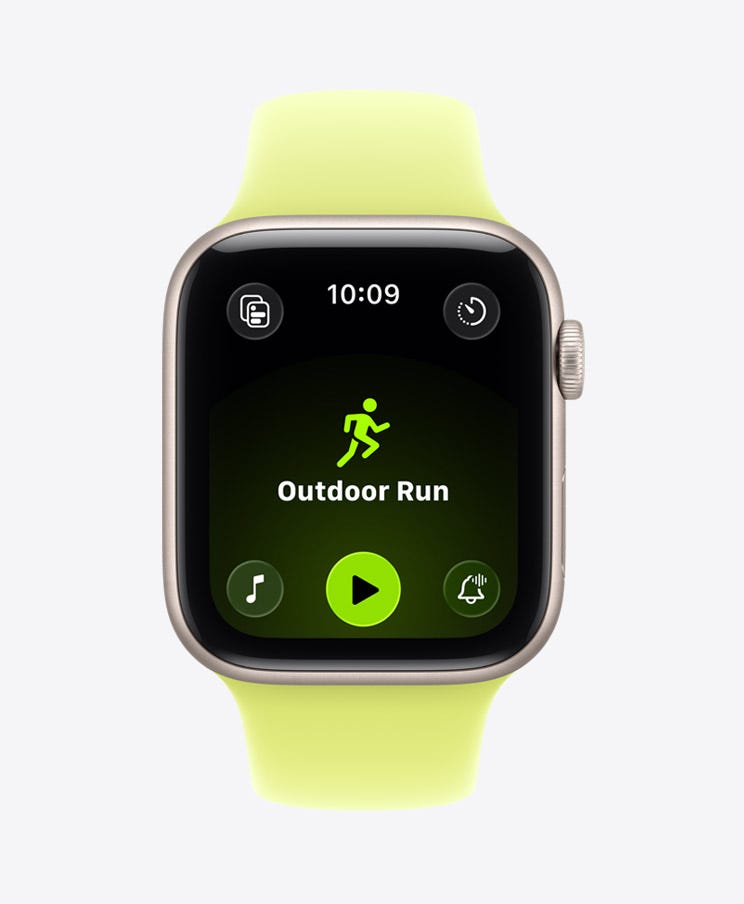 An Apple Watch with a light green/yellow sport band, displaying a workout app screen showing "Outdoor Run" with a play button and the time 10:09.