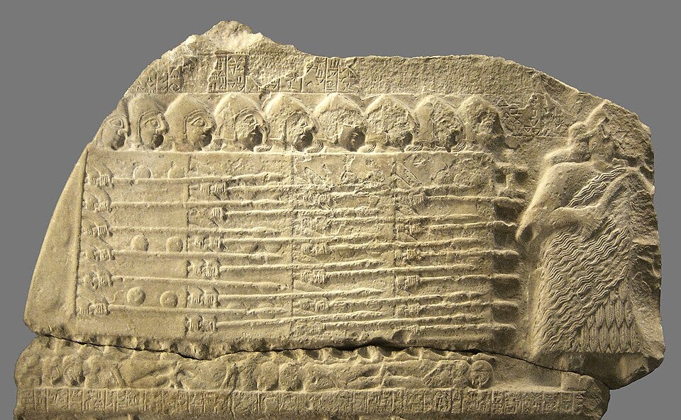 Part of the Stele of the Vultures depicting heavy infantry marching in formation Part of the Stele of the Vultures depicting heavy infantry marching in formation