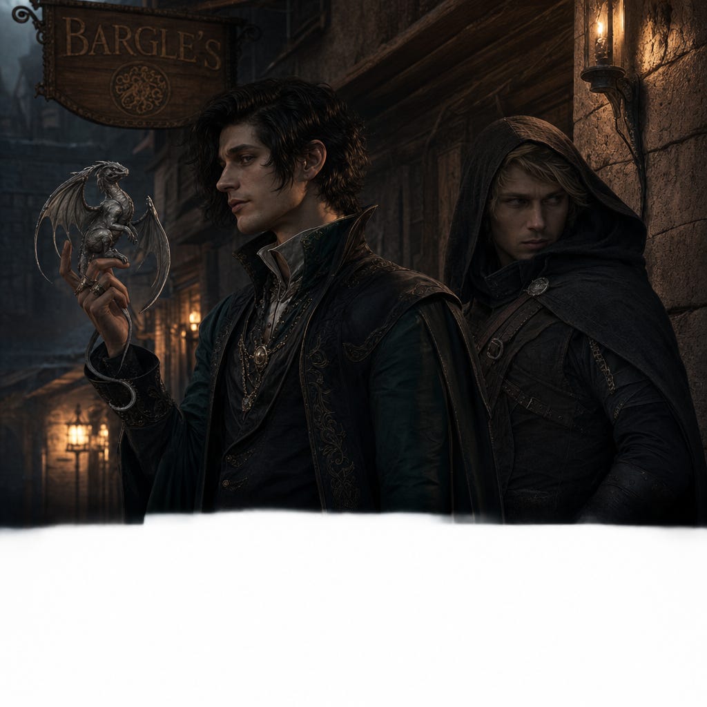 Felonious and Greegan in their Bargle’s apprentice and Iron Ring days, Felonious using his Ben‑Whishaw‑inspired visual palette with silver spirit‑dragonet, Greegan sandy‑haired, furtive, hooded rogue Felonious and Greegan in their Bargle’s apprentice and Iron Ring days, Felonious using his Ben‑Whishaw‑inspired visual palette with silver spirit‑dragonet, Greegan sandy‑haired, furtive, hooded rogue
