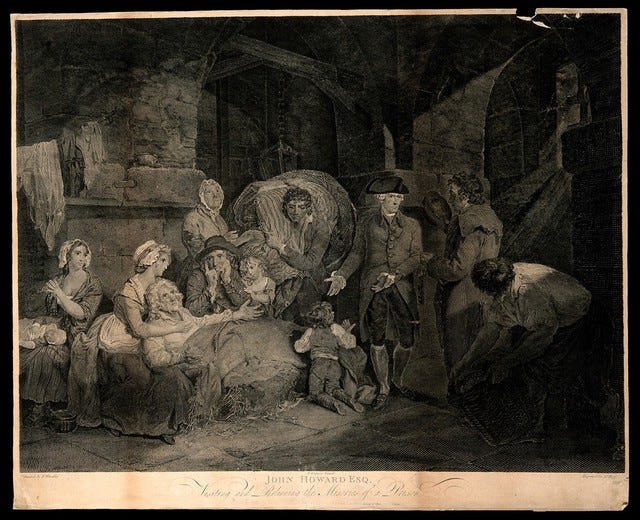 John Howard visiting a prison: a group of inmates sitting or lying on the floor. Etching by J. Hogg after F. Wheatley, 1787. John Howard visiting a prison: a group of inmates sitting or lying on the floor. Etching by J. Hogg after F. Wheatley, 1787.