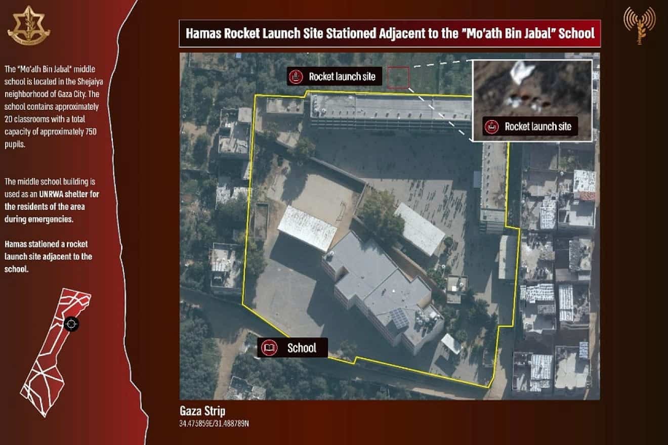 Hamas places rocket-launching sites next to schools in the Gaza Strip. The Mo’ath Bin Jabal middle school educates hundreds of Palestinian children and is also a U.N. shelter for local residents. Image from Dec. 14, 2022. Credit: Courtesy. Hamas places rocket-launching sites next to schools in the Gaza Strip. The Mo’ath Bin Jabal middle school educates hundreds of Palestinian children and is also a U.N. shelter for local residents. Image from Dec. 14, 2022. Credit: Courtesy.