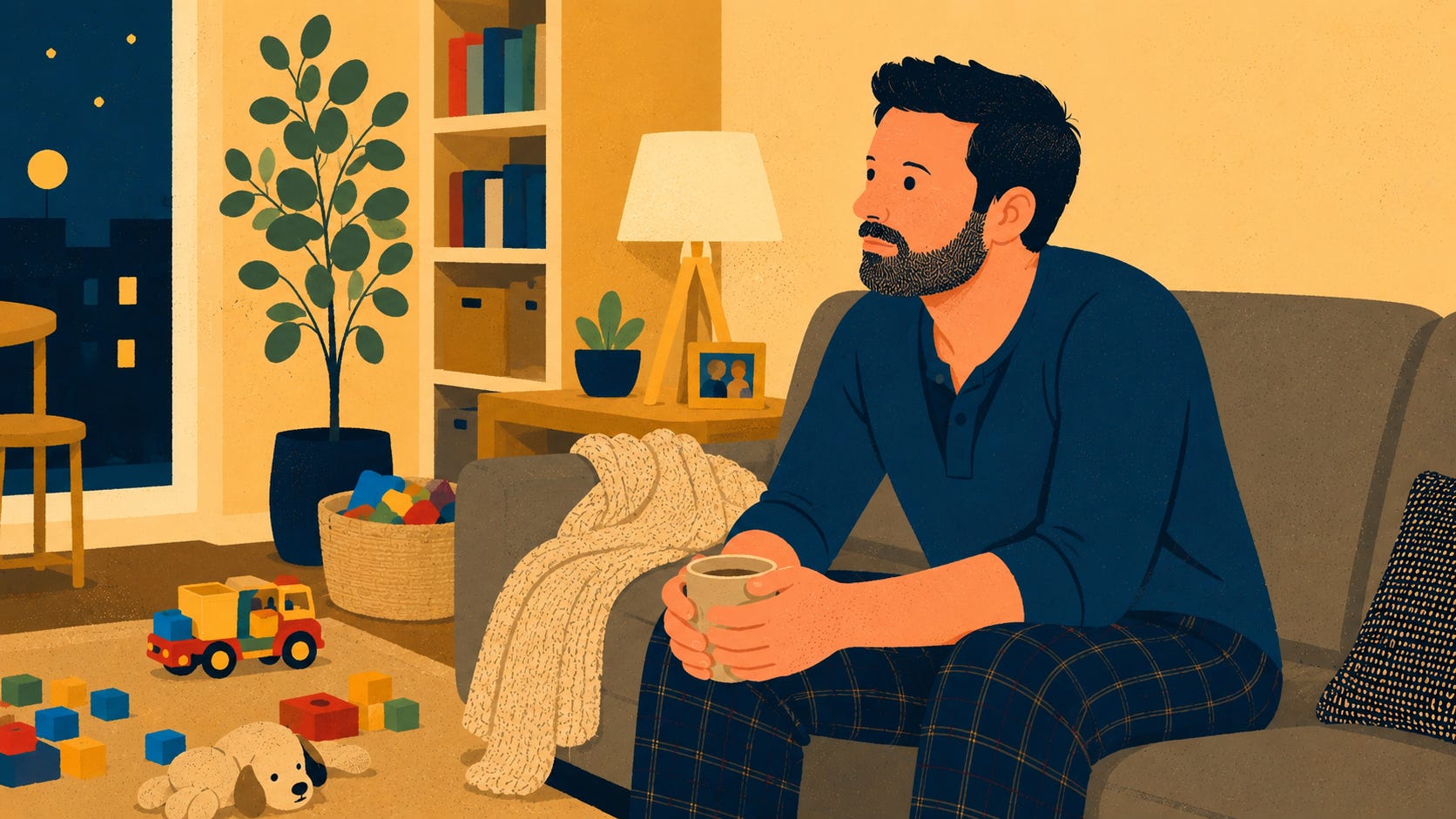 Dad taking a quiet moment for self-care after a long day — dad burnout prevention starts with small pauses Dad taking a quiet moment for self-care after a long day — dad burnout prevention starts with small pauses