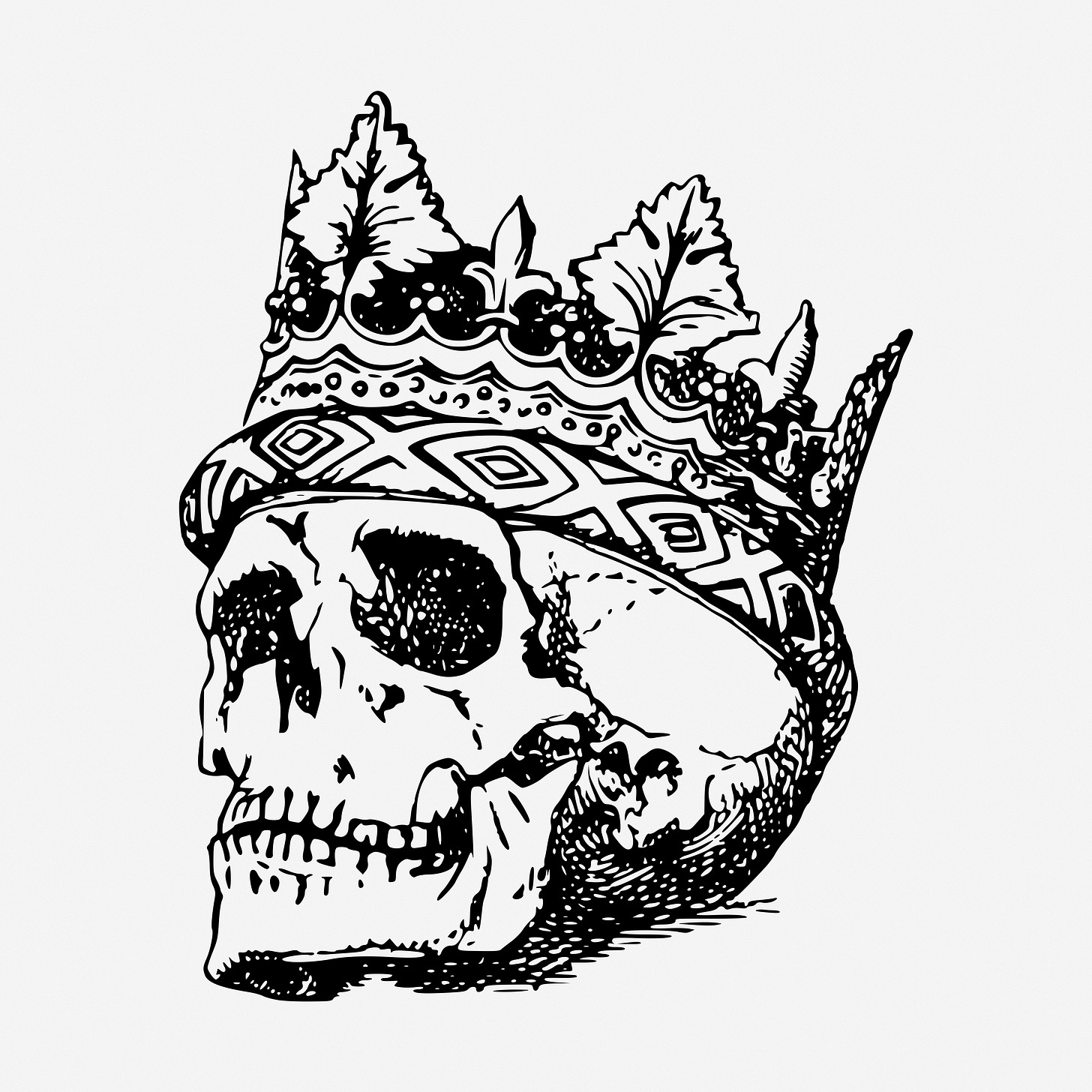 Black and white drawing of skull wearing a regal crown