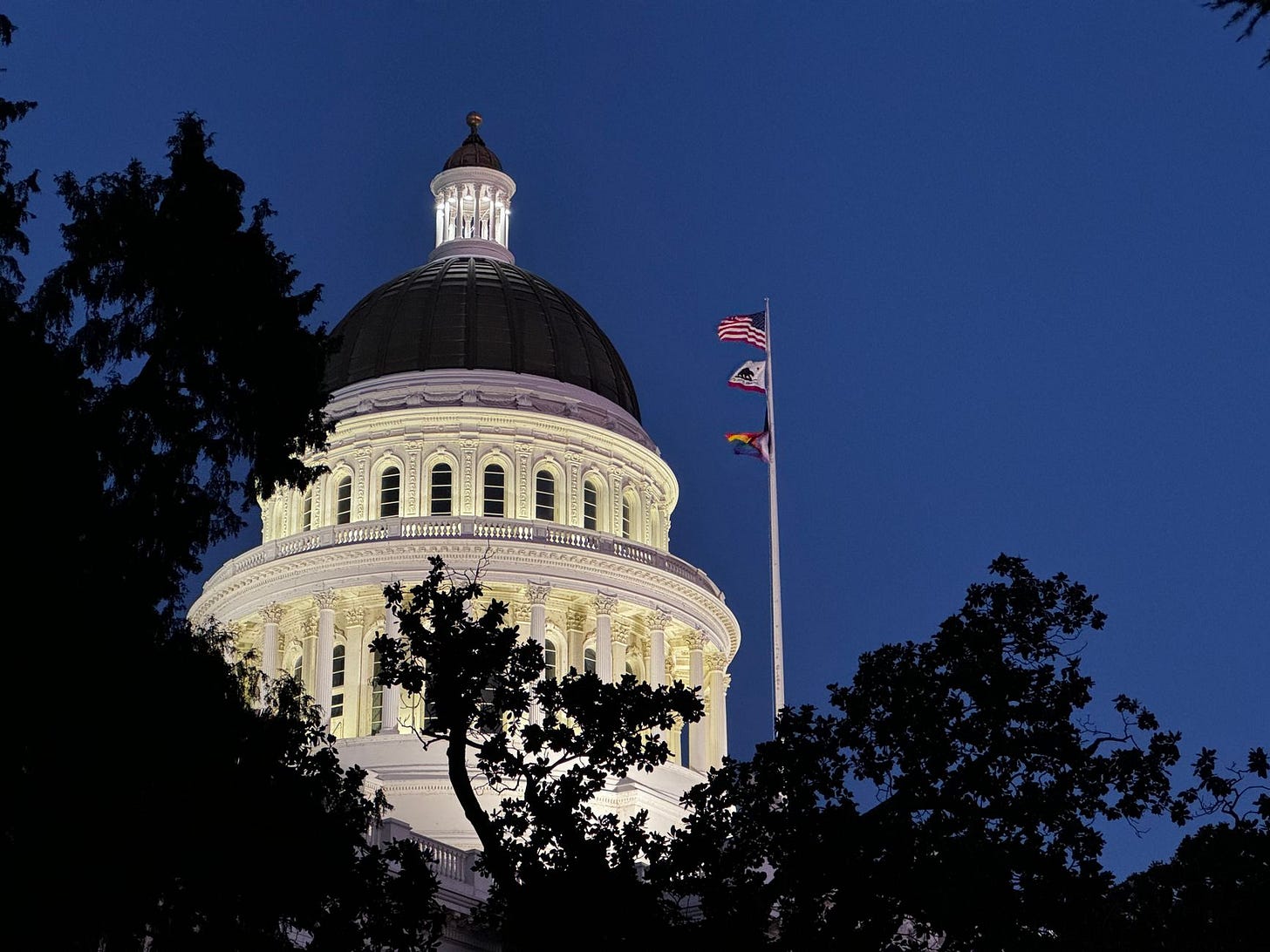Illuminated California State Capitol dome against a clear night sky with fluttering flags. (stock photo)
