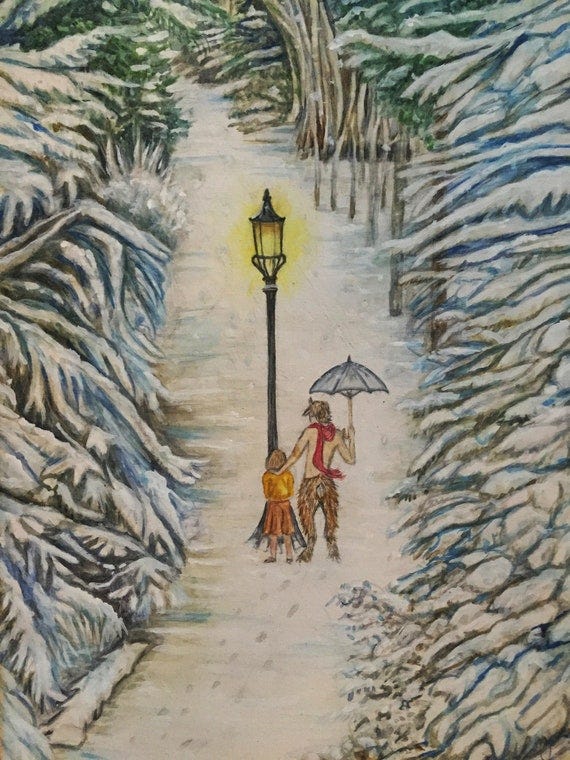 Mr Tumnus and Lucy at the Lamp post-Winter