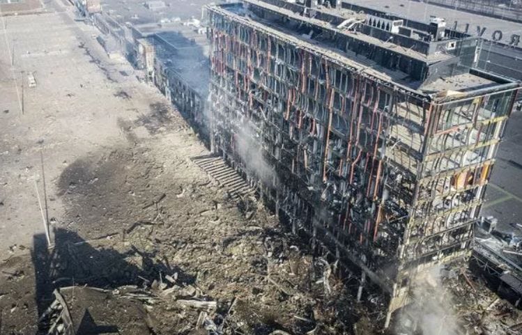 A completely destroyed shopping mall after Russian shelling in Kyiv