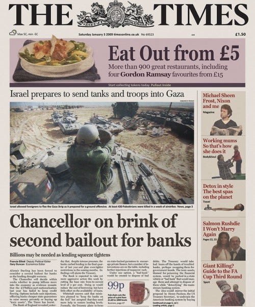 Kraken Exchange on Twitter: "On January 3rd 2009 Satoshi Nakamoto mined the  #Bitcoin Genesis Block ⛏️ Satoshi left a message in the code of this block:  𝐓𝐡𝐞 𝐓𝐢𝐦𝐞𝐬 𝟎𝟑/𝐉𝐚𝐧/𝟐𝟎𝟎𝟗 𝐂𝐡𝐚𝐧𝐜𝐞𝐥𝐥𝐨𝐫 𝐨𝐧 𝐛𝐫𝐢𝐧𝐤