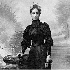 AA picture of a woman in a full-fitted black dress; a book cover showing Arabella Buckley's Eyes and No Eyes with an image of birds and insects feeding