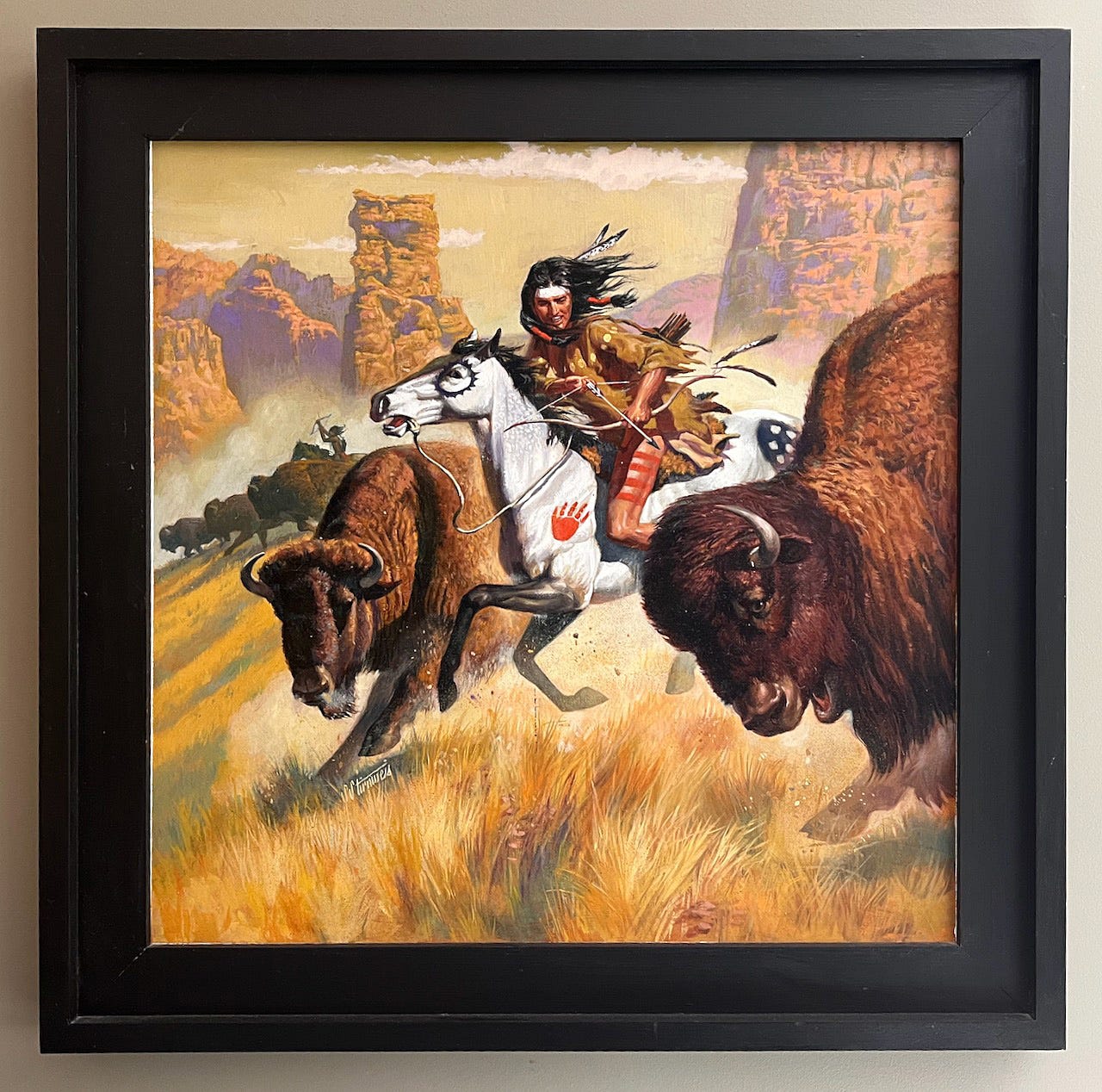 A painting of a person riding a horse and buffalo

Description automatically generated