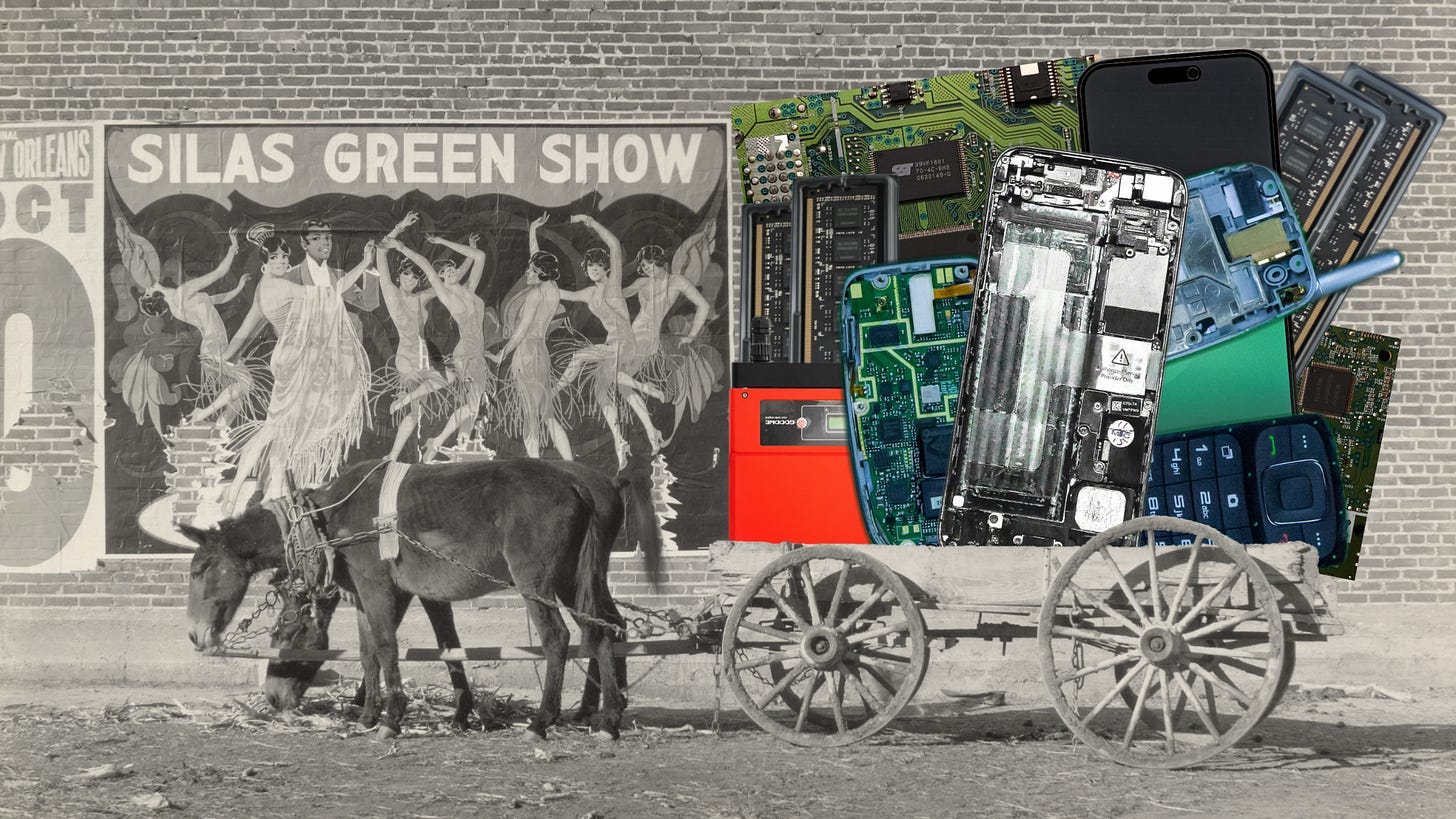 Black-and-white photograph of a mule-drawn wooden cart in front of a vintage brick wall with a poster reading “Silas Green Show,” featuring dancers in flapper-style costumes. The cart is digitally altered to carry a modern, full-color pile of electronic components, including smartphones, circuit boards, RAM sticks, and a red external hard drive.