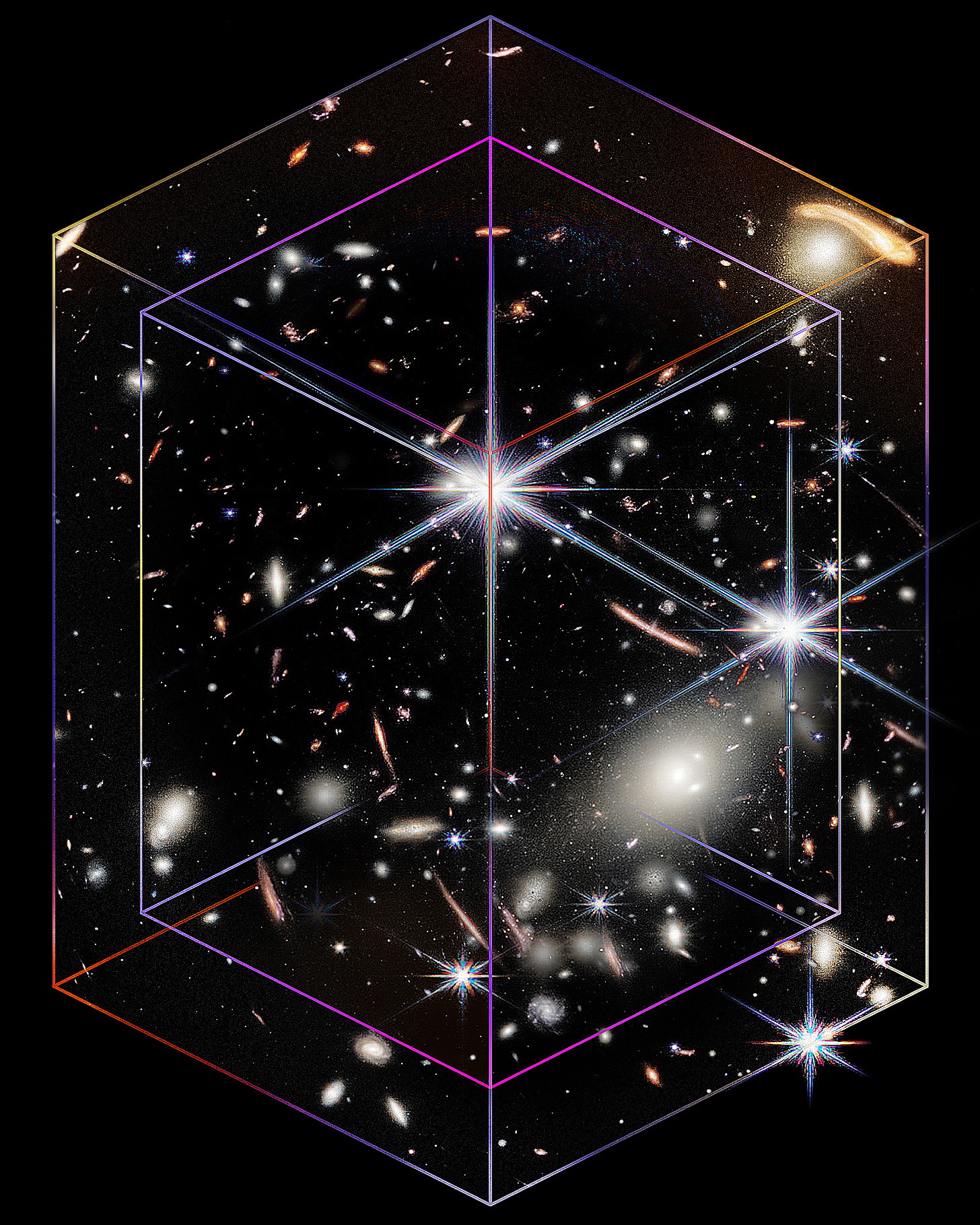 Transparent, layered rectangles, set against a cosmic background of brightly colored stars and galaxies on a dark background.