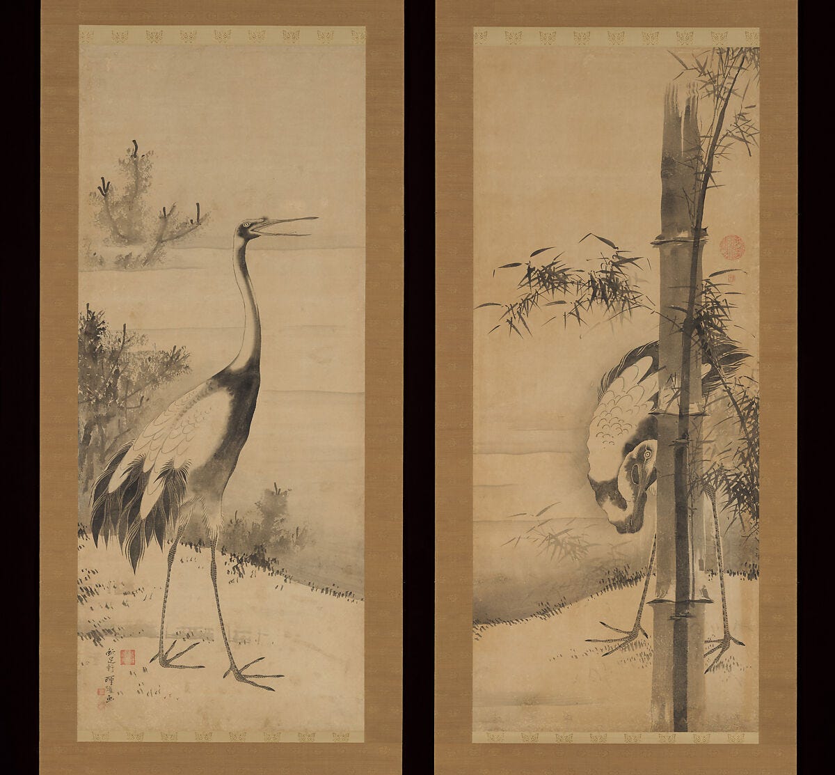 Cranes, Soga Shōhaku (Japanese, 1730–1781), Pair of hanging scrolls; ink on paper, Japan 