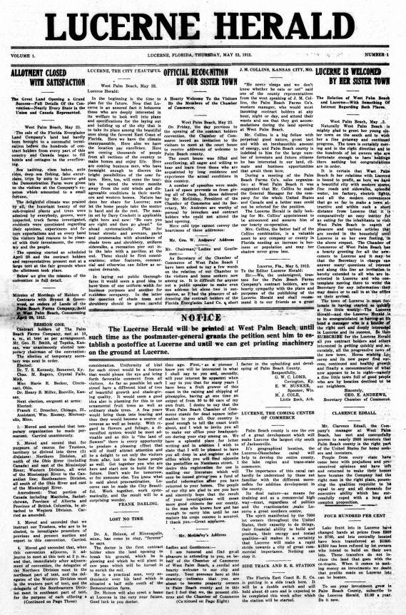 First issue: May 23, 1912 (LAKE WORTH HERALD) First issue: May 23, 1912 (LAKE WORTH HERALD)