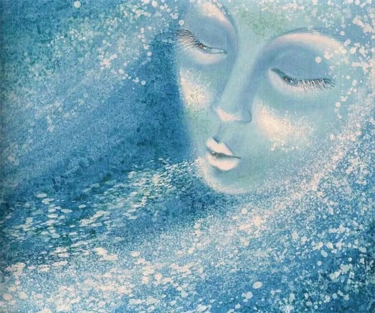 This may contain: a painting of a woman's face with her eyes closed and snow flakes on the ground