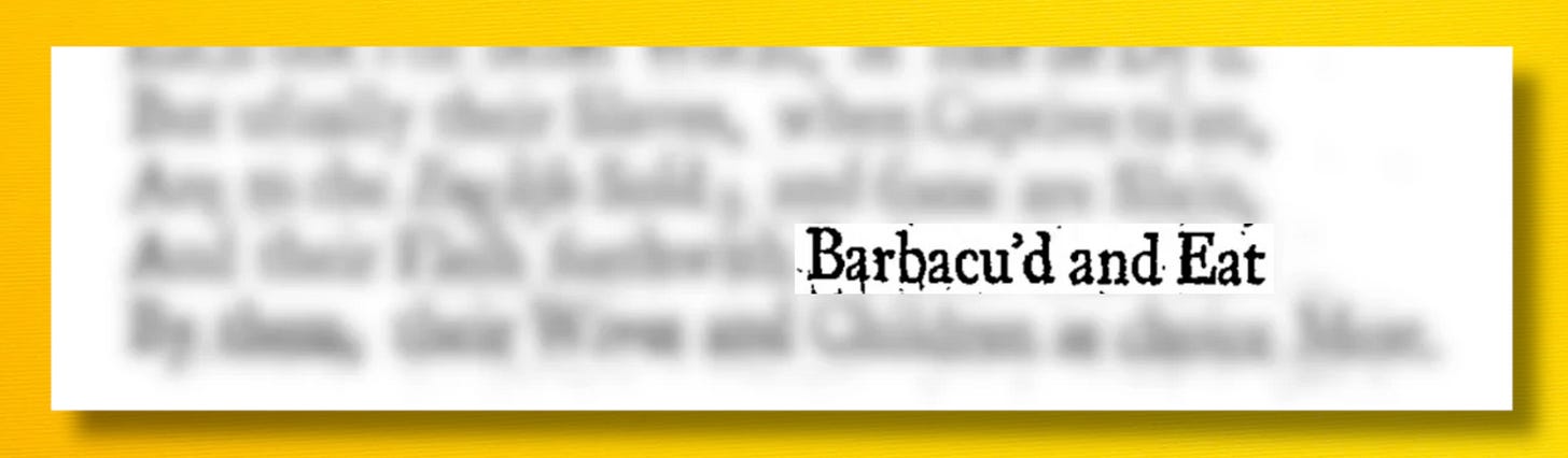 A blurred clipping from an old book with just the words "barbecued and Eat" in focus.