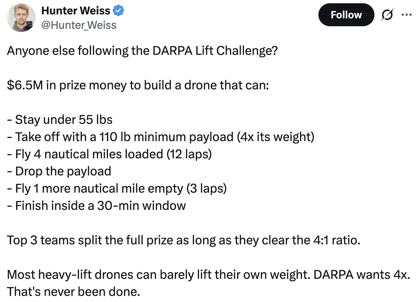 Hunter Weiss @Hunter_Weiss Anyone else following the DARPA Lift Challenge? $6.5M in prize money to build a drone that can: - Stay under 55 lbs - Take off with a 110 lb minimum payload (4x its weight) - Fly 4 nautical miles loaded (12 laps) - Drop the payload - Fly 1 more nautical mile empty (3 laps) - Finish inside a 30-min window Top 3 teams split the full prize as long as they clear the 4:1 ratio. Most heavy-lift drones can barely lift their own weight. DARPA wants 4x. That's never been done. Hunter Weiss @Hunter_Weiss Anyone else following the DARPA Lift Challenge? $6.5M in prize money to build a drone that can: - Stay under 55 lbs - Take off with a 110 lb minimum payload (4x its weight) - Fly 4 nautical miles loaded (12 laps) - Drop the payload - Fly 1 more nautical mile empty (3 laps) - Finish inside a 30-min window Top 3 teams split the full prize as long as they clear the 4:1 ratio. Most heavy-lift drones can barely lift their own weight. DARPA wants 4x. That's never been done.