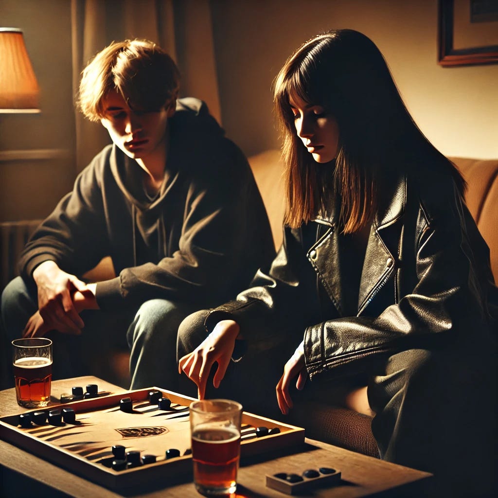 A dimly lit living room scene where a teenager and his girlfriend sit on a couch playing backgammon. The girl has a subtle goth vibe, wearing a leather jacket, with dark hair and a slightly edgy style. Two beers are sitting on a coffee table in front of them. The lighting is warm and low, casting soft shadows, creating a cozy and intimate atmosphere in the room.