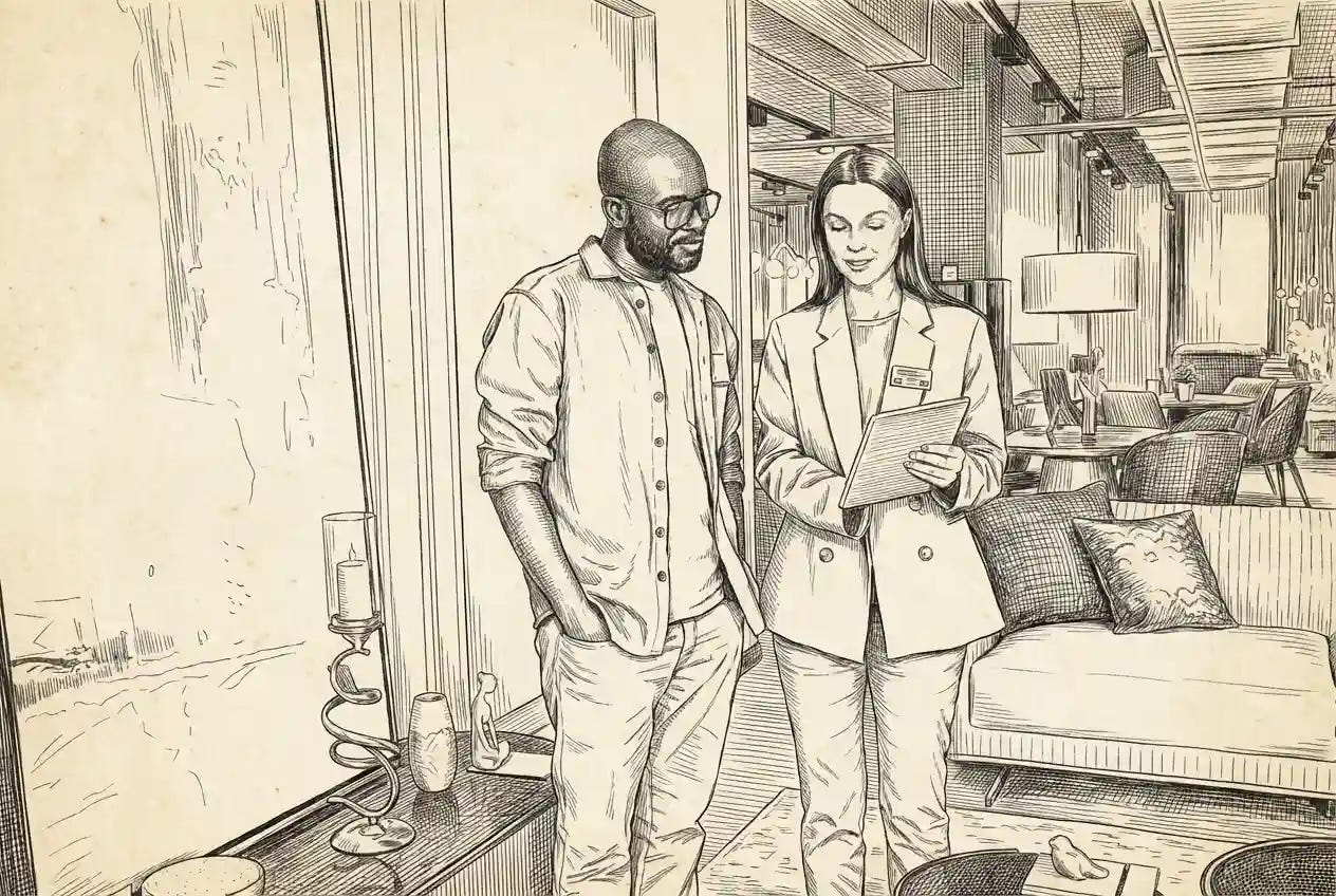 interior decorator shows options on tablet to male homeowner interior decorator shows options on tablet to male homeowner