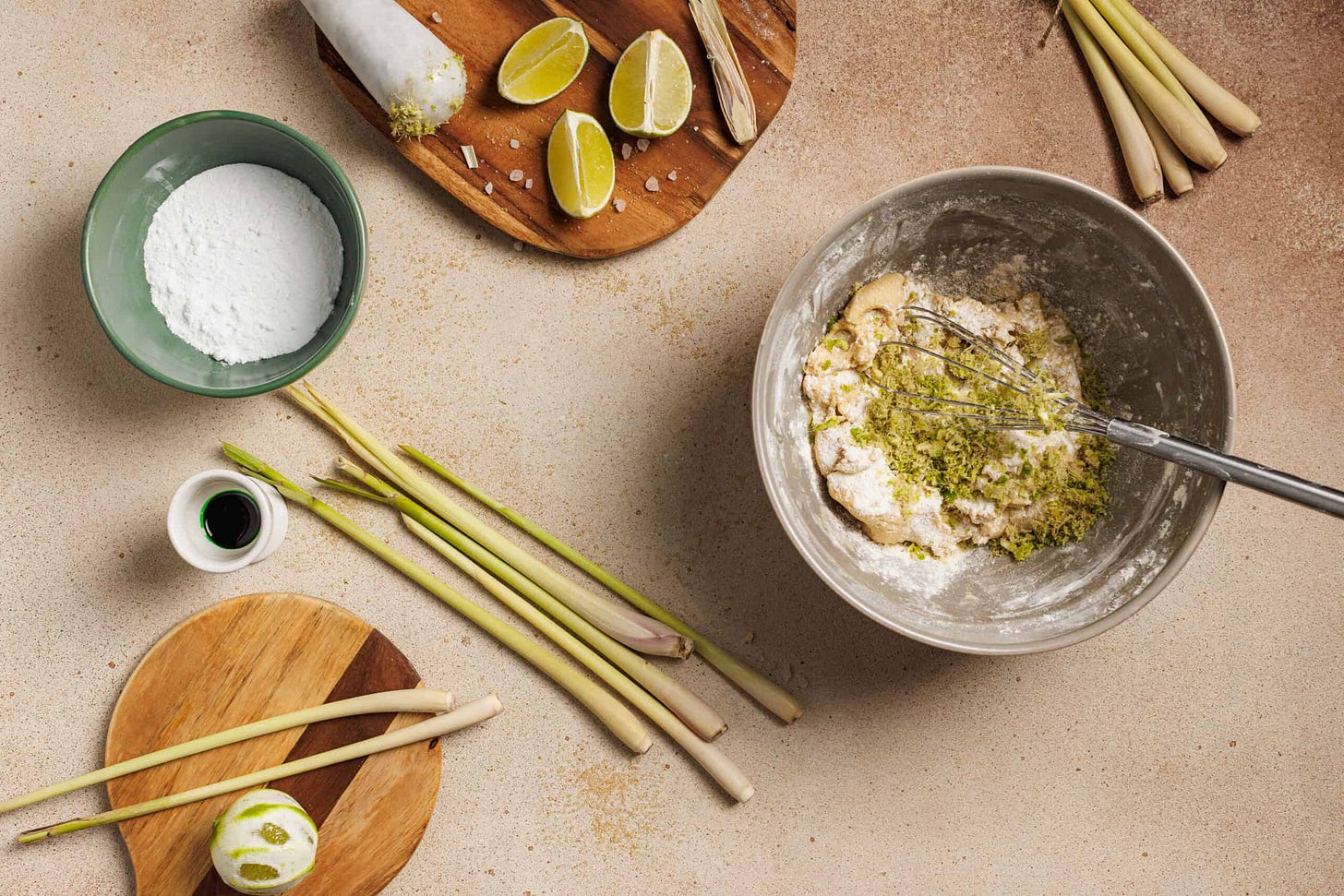 A bowl containing dry mix of ingredients to form a bowl for cookies made with lemongrass.
