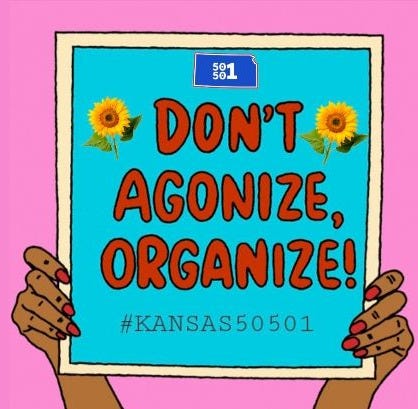May be pop art of text that says '$81 DON'T AGONIZE, ORGANIZE! #KANSAS50501'
