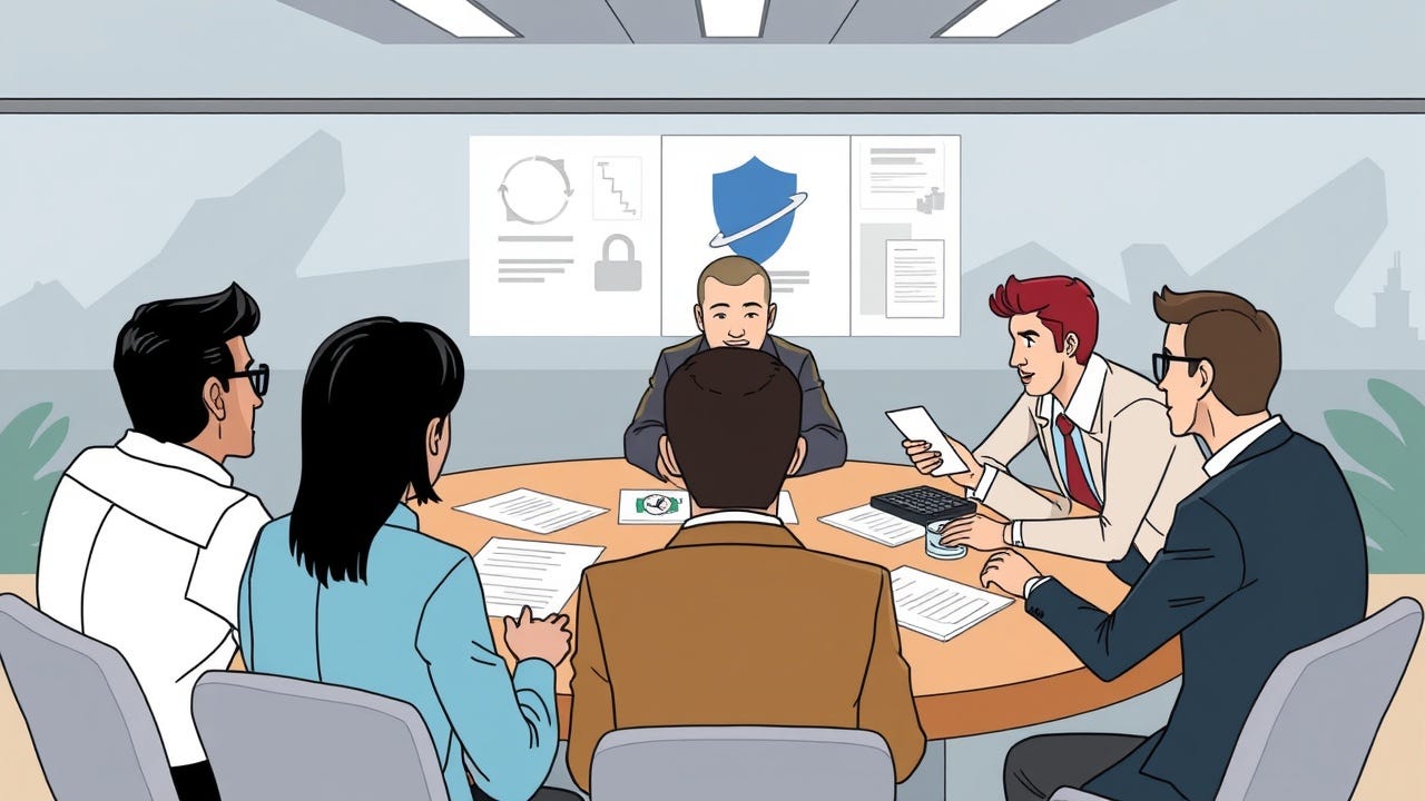 A group of professionals discusses security strategies around a table.
