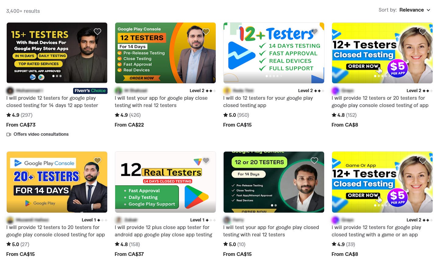 Fiverr search results for Google Play beta testers showing thousands of listings starting at CA$8