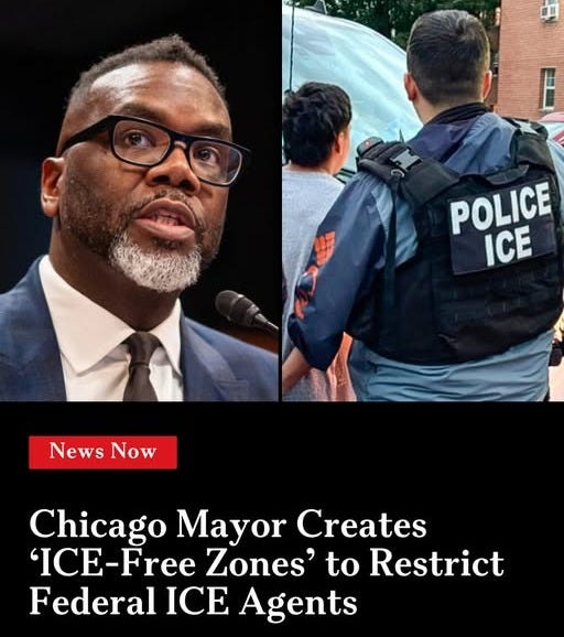 May be an image of text that says 'POLICE ICE News NewsNow Now Chicago Mayor Creates 'ICE-Free Free Zones' to Restrict Federal ICE Agents'