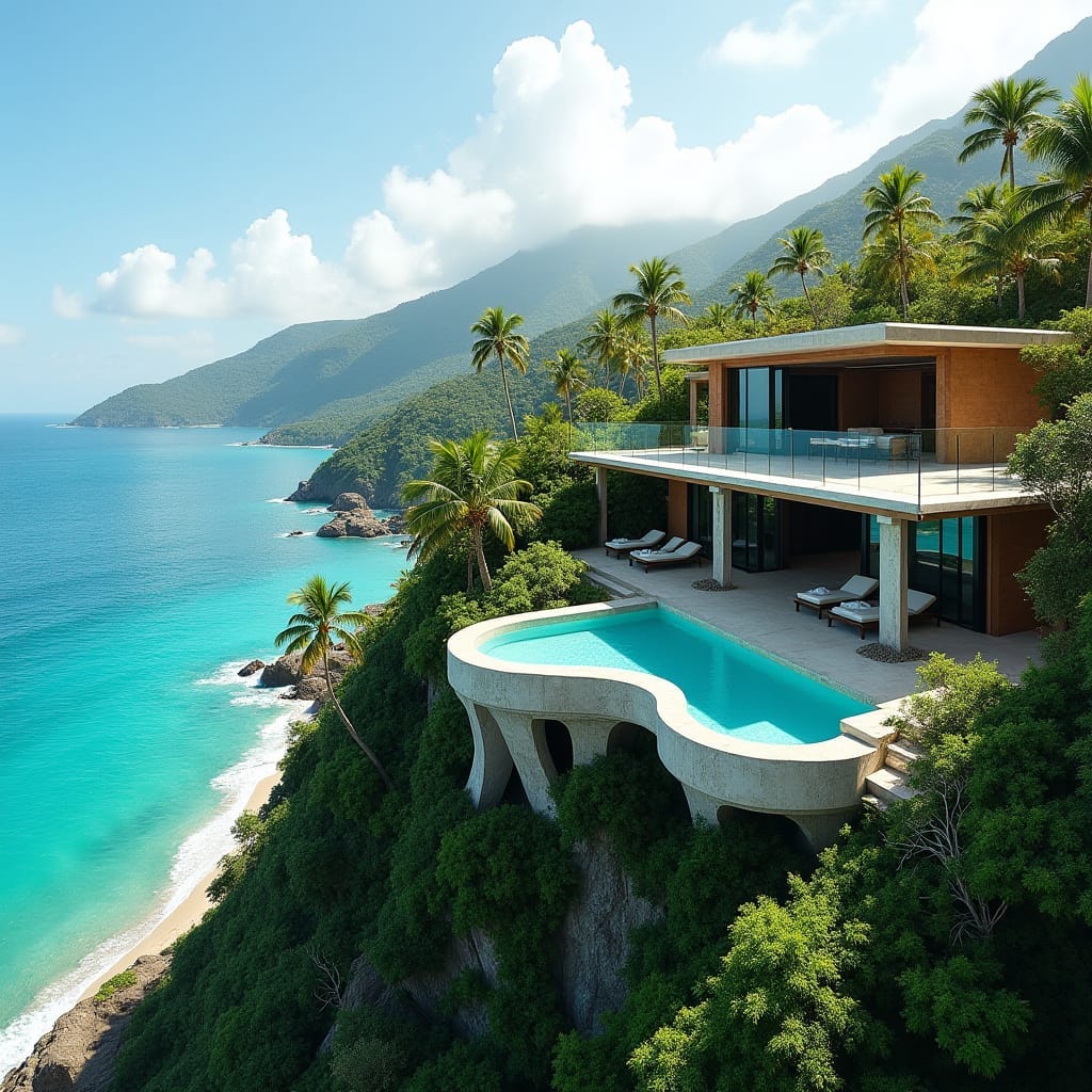 Stunning modern Jamaican villa perched on a lush cliffside, cascading water features and infinity pool blending seamlessly into the turquoise Caribbean Sea, surrounded by swaying palm trees and vibrant tropical flora, with a sleek, minimalist architecture reminiscent of the works of Alberto Campo Baeza, the vibrant colors and textures of David Hockney's landscapes, and the organic, curvilinear forms of Santiago Calatrava's designs.