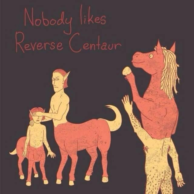 A human body with a horses head - a 'reverse centaur' being looked at scornfully by an adult centaur, who is shielding its child's eyes from the reverse one. A human body with a horses head - a 'reverse centaur' being looked at scornfully by an adult centaur, who is shielding its child's eyes from the reverse one.