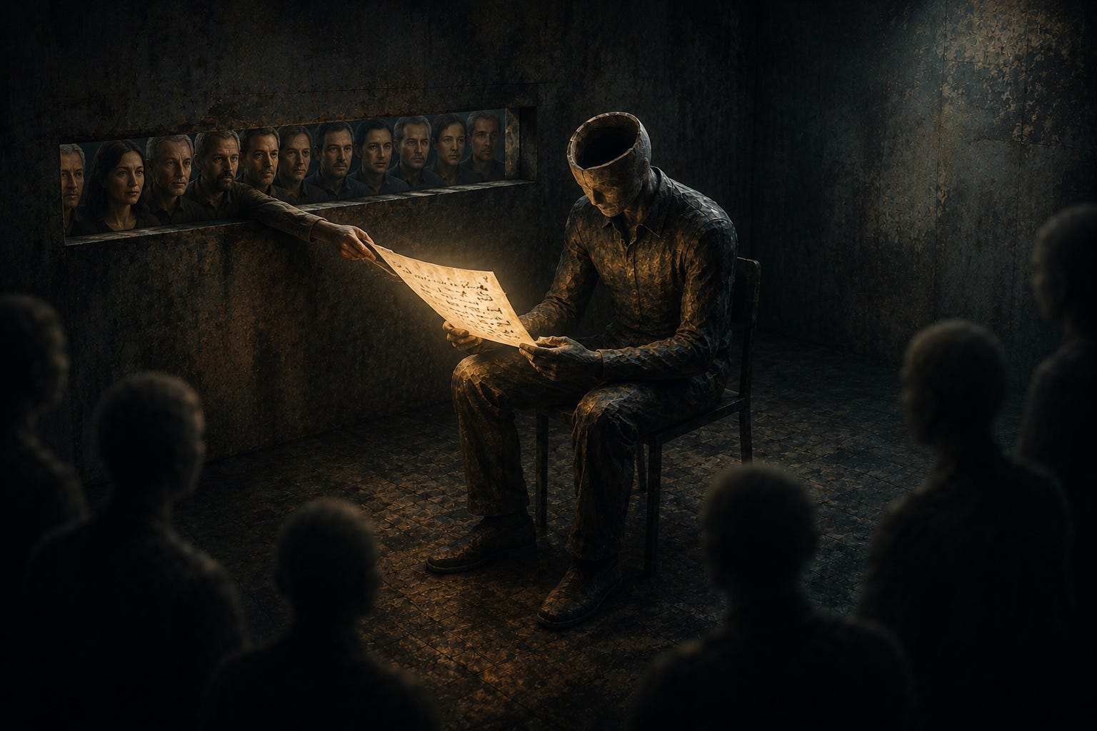 In a dim, sealed room, a lone figure with a hollow head sits on a simple chair reading a softly glowing sheet of paper passed through a narrow slot in the wall. The empty opening inside the figure's head is smooth and unfilled, while the paper's glow illuminates nothing beyond itself. On the other side of the slot, a row of complete human faces watches intently, their features clear, expressive and alive, in deliberate contrast to the hollow reader. Shadowed figures gather in the foreground, fading into darkness at the edges of the scene. In a dim, sealed room, a lone figure with a hollow head sits on a simple chair reading a softly glowing sheet of paper passed through a narrow slot in the wall. The empty opening inside the figure's head is smooth and unfilled, while the paper's glow illuminates nothing beyond itself. On the other side of the slot, a row of complete human faces watches intently, their features clear, expressive and alive, in deliberate contrast to the hollow reader. Shadowed figures gather in the foreground, fading into darkness at the edges of the scene.