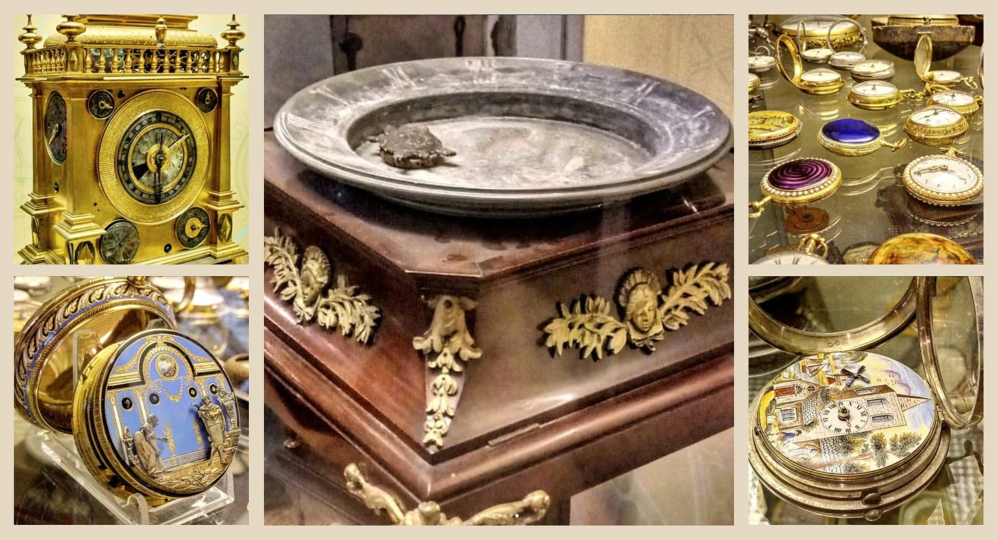 Some of the clocks in the Gershom Parkington collection in Moyse’s Hall in Bury St Edmunds, including the mysterious ‘Floating Turtle clock’
